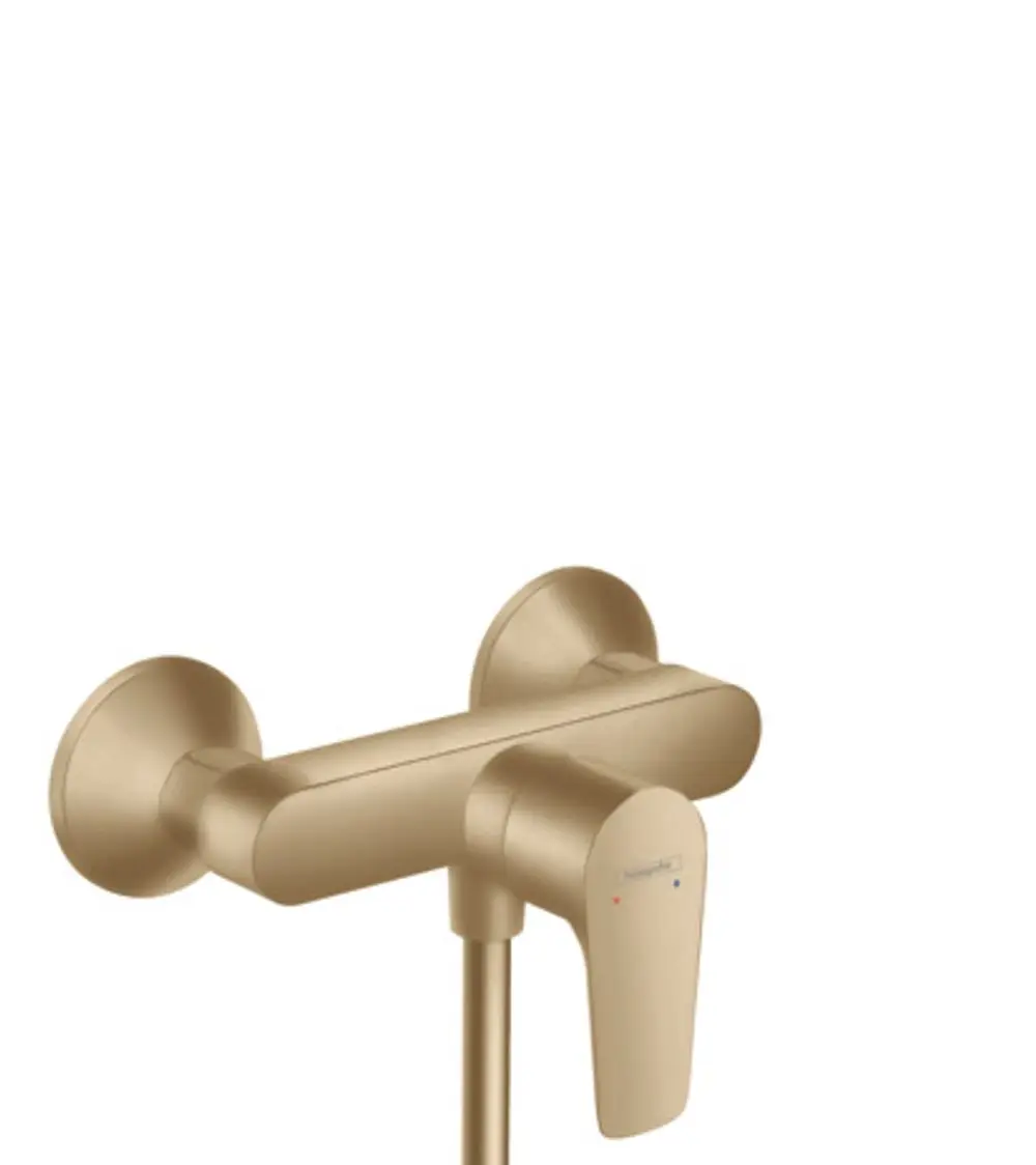 Hansgrohe Einhebel-Brausemischer in brushed bronze Optik, montiert auf einer Wand mit zwei runden Wandbefestigungen. Der Drehknopf zur Steuerung ist seitlich angebracht.